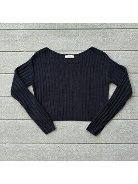 Selene Ribbed Knit Cropped Sweater Womens Free Size Navy Long Sleeve Top